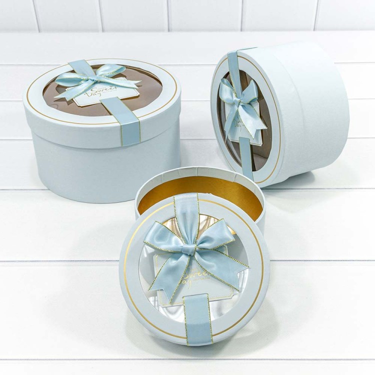 721303/5 Коробки Круглые Набор 1/3 21*11,5 с окошком и бантом Голубой 1/18